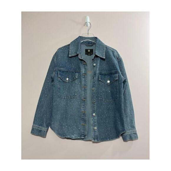 House of Harlow Crystal Studded Denim Button Down Top In Blue Size XS - Picture 1 of 7